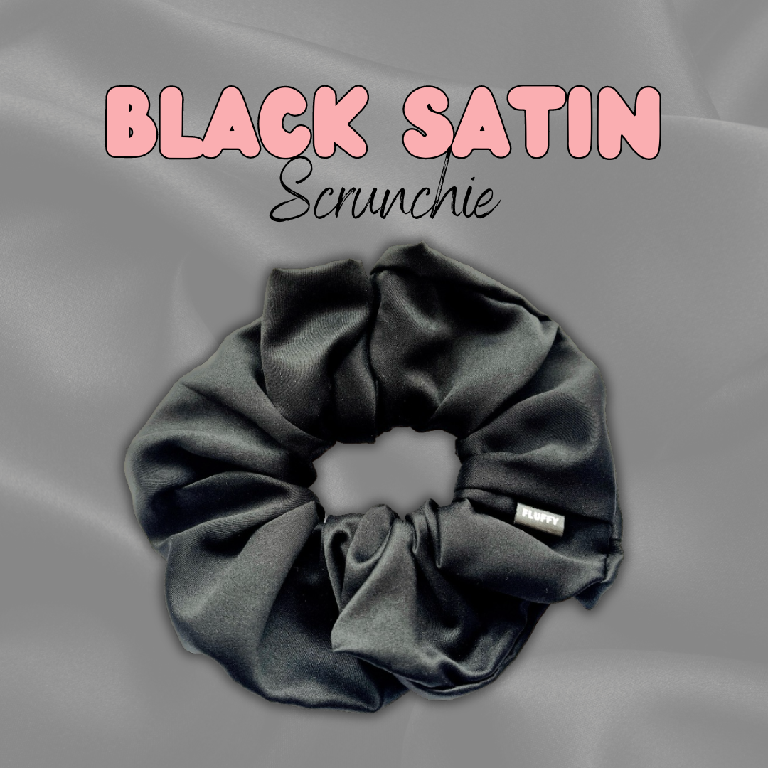 Black Satin Fluffy Scrunchie - Sleek and Stylish