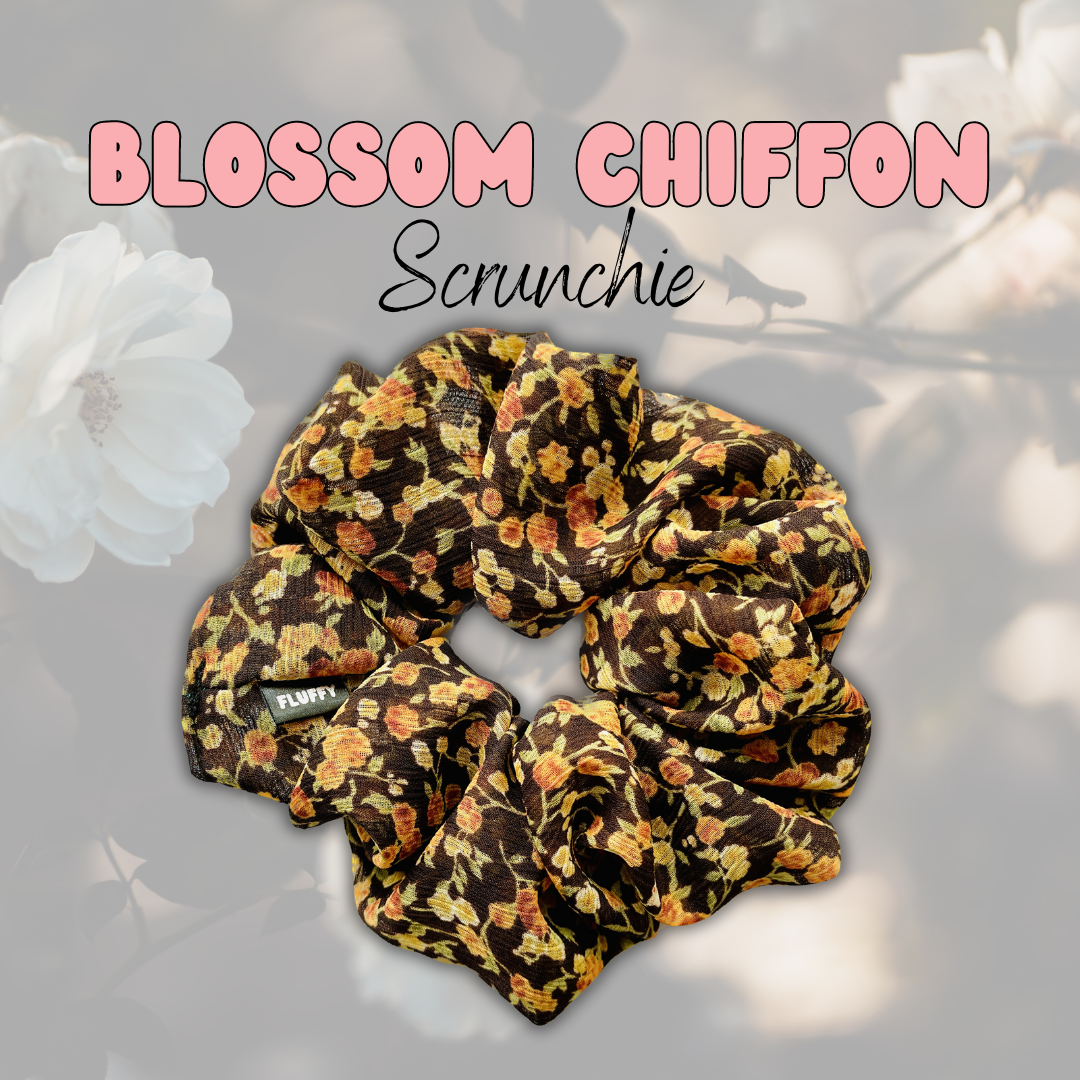 Brown Floral Chiffon Scrunchie