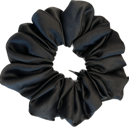 Black Satin Fluffy Scrunchie - Sleek and Stylish