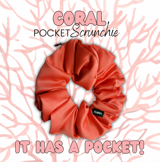 Coral Satin Pocket Scrunchie