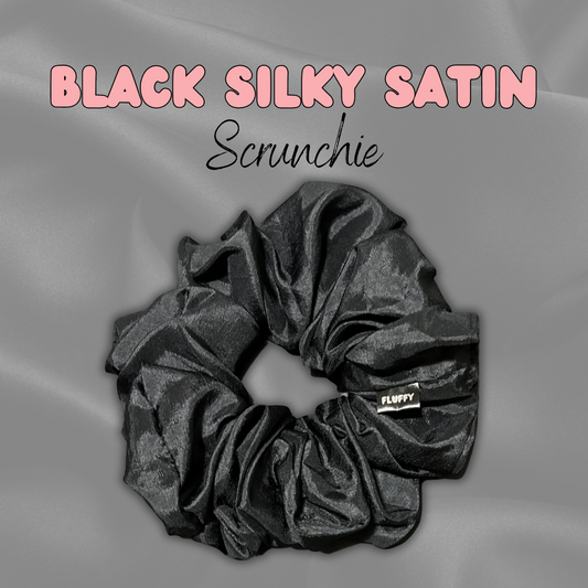 Black Silky Satin Fluffy Scrunchie - Black