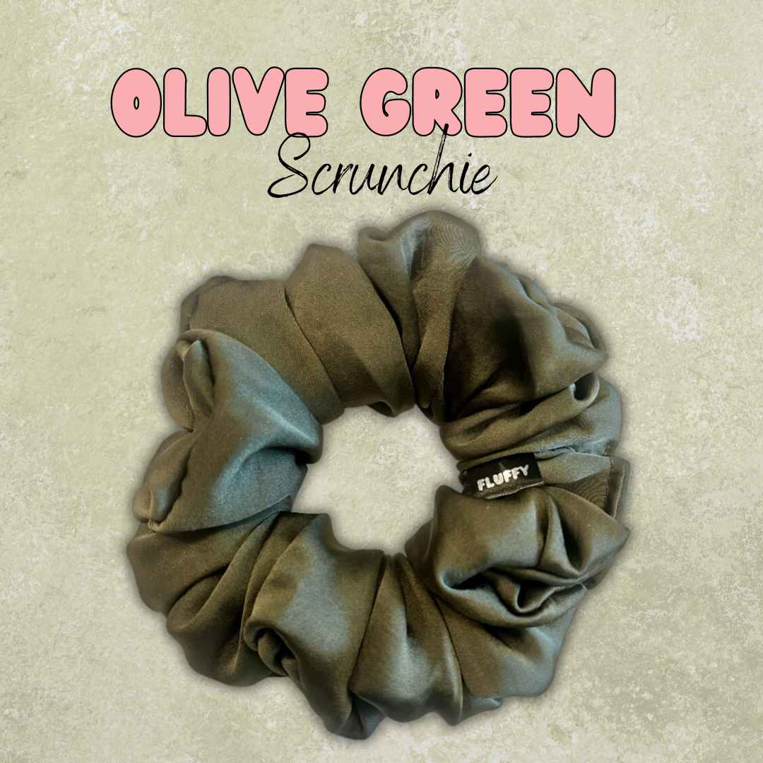 Olive Green Rumple Satin Scrunchie